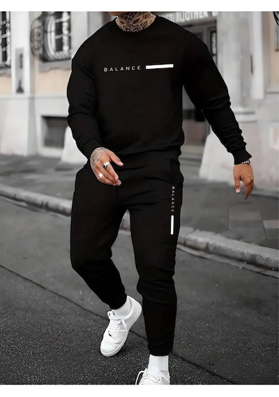 Balance Kalın Kışlık Eşofman Takımı - Siyah Sweatshirt Jogger Oversize Bisiket Yaka Siyah