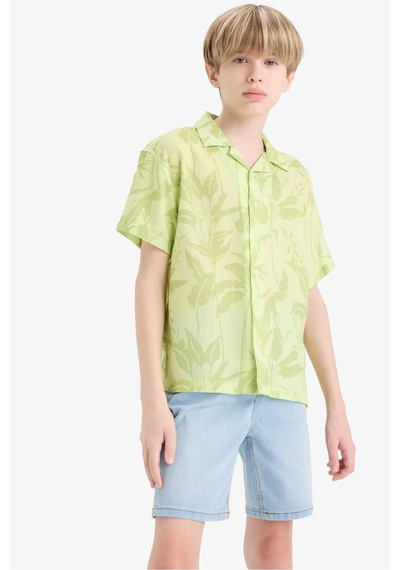 DeFacto Erkek Çocuk Oversize Geniş Kalıp Polo Yaka Desenli Viskon Kısa Kollu Gömlek F5673A825HSGN404