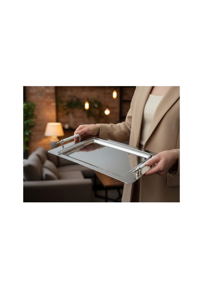 Tr 6 Kişilik Paslanmaz Çelik Sunum Tepsisi, Beyaz Saplı, Şık Servis Tepsisi, 35x25 Cm Diğer