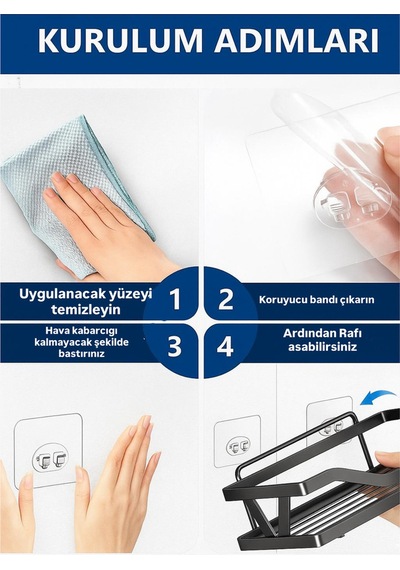 Ömür Boyu Paslanmaz Köşelik Duş Rafı Şampuanlık- Plastisol Kaplama Yapışkanlı Veya Vidalı Siyah