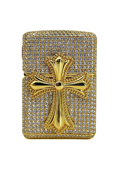 Zippo Özel Seri - Iced Out Zirkon Taşlı Haç Figürlü Lüks Çakmak Sarı