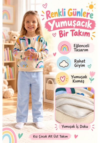 Ahengim Kız Çocuk Gökkuşağı Desenli Sweatshirt 2 Li Alt Üst Takım Ak15636 Mavi