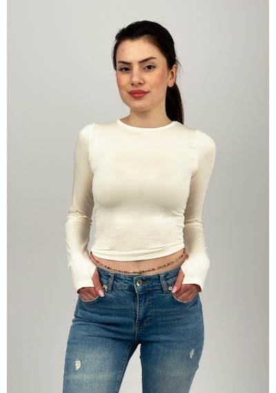 Kadın Bisiklet Yaka Parmak Detaylı Spor Body Basic Soft Touch Spor Crop Ekru