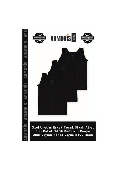 Armoris Özel Üretim Erkek Çocuk Siyah Atlet 3'lü Paket %100 Pamuklu Penye Okul Giyimi Rahat Giyim Koyu Renk
