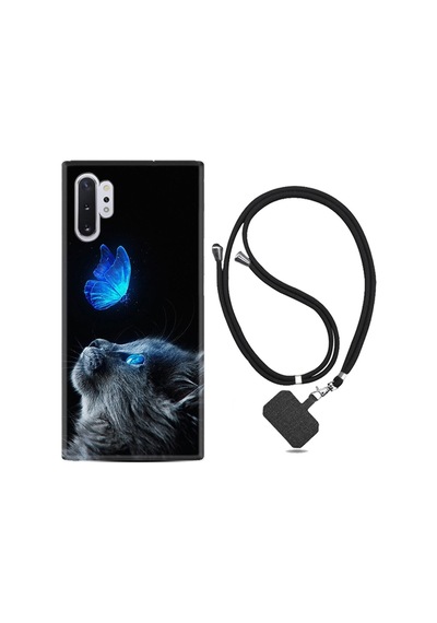 Samsung Galaxy Uyumlu Note 10 Plus Kılıf Resimli Desenli Silikon Boyun Askılı Butterfly Cat 1891