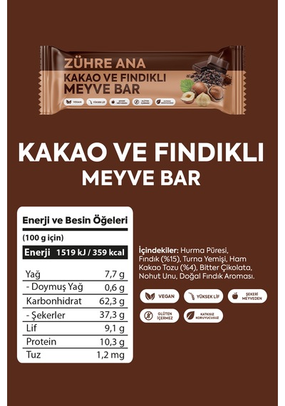 Kakaolu Ve Fındıklı Meyve Bar Şeker İlavesiz 35 Gr X 12 Adet