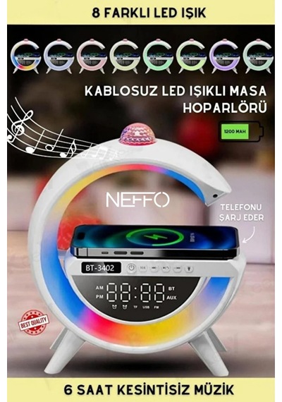G Harfi Şeklinde Dijital Saat Kablosuz Şarj Rgb Gece Lambası Bluetooth Hoparlör Çok Amaçlı İstasyon