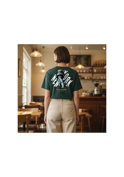 Urbantrendstore Unisex Özgürlük Heykeli Oversize Fit Rahat Geniş Salaş T-shirt Günlük Tişört Yeşil