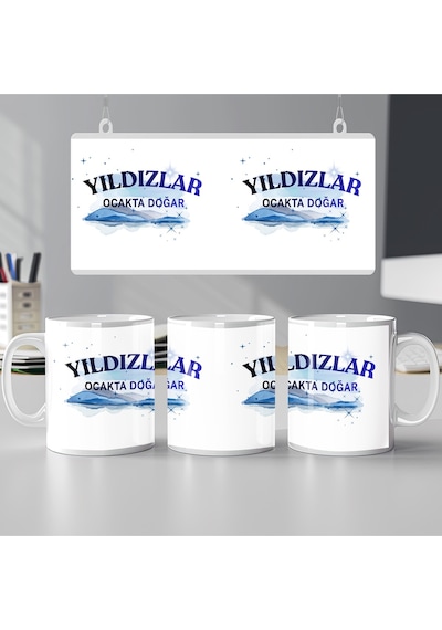 Yıldızlar Ocakta Doğar Yazılı Doğum Günü Kupa Bardak Mavi Işıltılı Gökyüzü Tasarım Hediye Beyaz