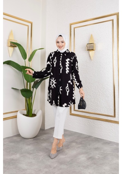 Hira Life Fashion Kadın Tesettür Giyim Ve Spor Giyime Uygun Düğme Detaylı Şık Desenli Dokuma Viskon Gömlek-tunik Siyah Siyah Hira Life Fashion Kadın Tesettür Giyim Ve Spor Giyime Uygun Düğme Detaylı Şık Desenli Dokuma Viskon Gömlek-tunik Siyah Siyah