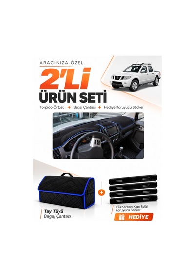 E-biz Nissan Navara 2005-2015 Uyumlu Torpido Örtüsü + Tay Tüyü Bagaj Çantası - Siyah-mavi - Nı009