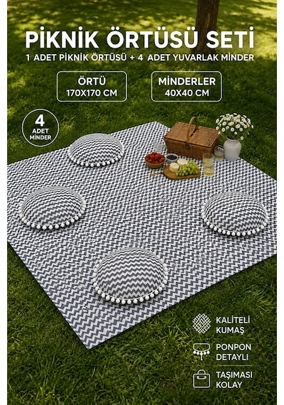 "piknik Örtüsü Seti Su Geçirmez 170x170 Cm 4 Minderli Ponponlu Gri Leke Tutmaz Kamp Örtüsü" Çok Renkli "piknik Örtüsü Seti Su Geçirmez 170x170 Cm 4 Minderli Ponponlu Gri Leke Tutmaz Kamp Örtüsü" Çok Renkli