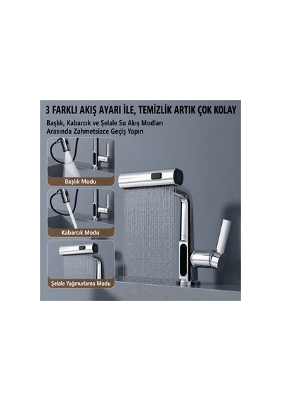 3 Modlu Led Sıcaklık Göstergeli Çekilebilir Şelale Musluk 360 Döner Mutfak Banyo Lavabo Bataryası Gri