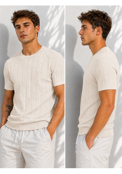Ribana Erkek Bisiklet Yaka Kısa Kollu Esnek Örme Triko T-shirt 26091 Ekru