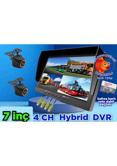 2 Adet 4x3 Cm. Ahd 720p 170 Derece Balık Gözü Lens Kamera 7 İnç Ips Qled 256 Gb Dvr Monitör 12 V