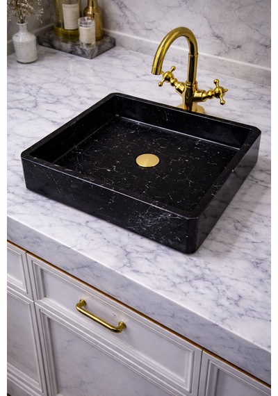 Mermer Desenli Tezgah Üstü Kare Model Taş Lavabo 45 X 45 Cm Siyah