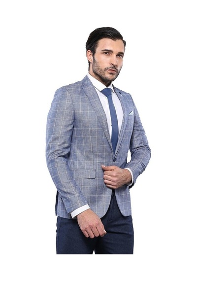 Ekose Sivri Yaka Mavi Ceket Wessi 001