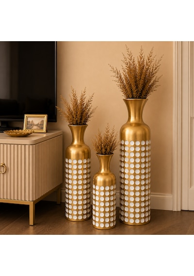 Seramik Görünümlü Metal Dekoratif Yer Vazosu Gold Beyaz Puantiyeli Modern Salon Vazosu Beyaz - Gold
