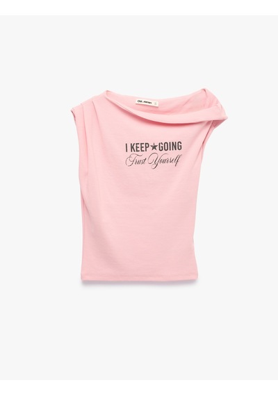 Koton Pamuklu Kayık Yaka Kısa Kollu Slim Fit Asimetrik Baskılı Tişört Pembe 6sal10879ık Gül