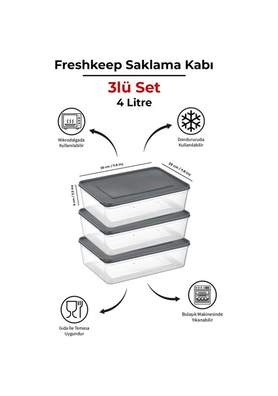 3'lü Saklama Kabı 4 Litre Derin Dondurucu Mikrodalga Uyumlu Gri