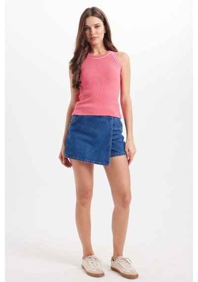 Tudors Kadın Slim Fit Dar Kesim Pamuklu Askılı Bisiklet Yaka Biyeli Pembe Crop Atlet-50981