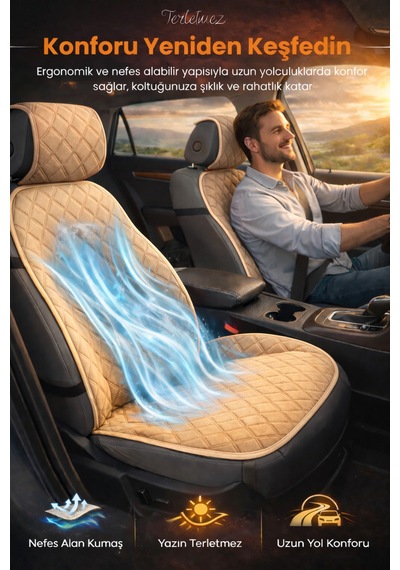 Oto Koltuk Kılıfı Tay Tüyü 2'li Ön Minder Terletmez Kaymaz Airbag Uyumlu - Bej