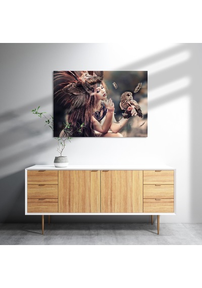Cakasepetim Baykuş Ve Kuş Kostümlü Kadın Ahşap Mdf Tablo