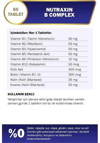 Nutraxin B Vitamin Complex - B Vitamini Takviyesi 60 Tablet