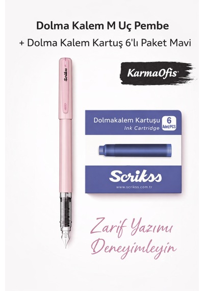 Dolma Kalem M Uç + 6 Lı Mavi Kartuş Seti Pembe