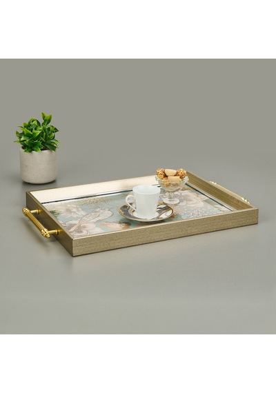 Kitchen Kuş Ve Çiçek Desenli Tepsi - Yeşil / Altın Sarısı - 49 Cm Çok Renkli