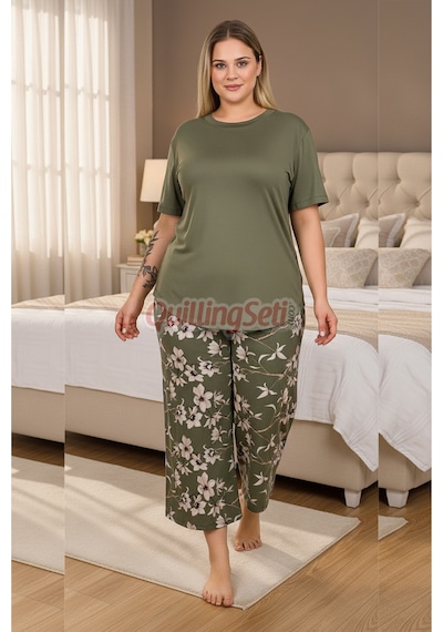 Lady Haki Yeşil Renk, Çiçek Desenli 10740 Pamuklu Büyük Beden Kapri Anne Pijama Takımı