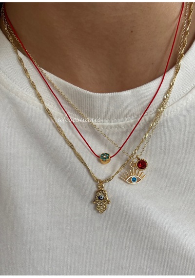 3'lü Şans Kolyesi Kırmızı İpli Zirkon Charm Gold Kadın Kolye Set Altın Altın