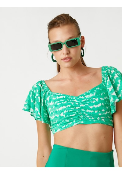 Koton Crop Bluz Büzgü Detaylı Yeşil Desenli 2sak60234pw 2SAK60234PW02F Yeşil