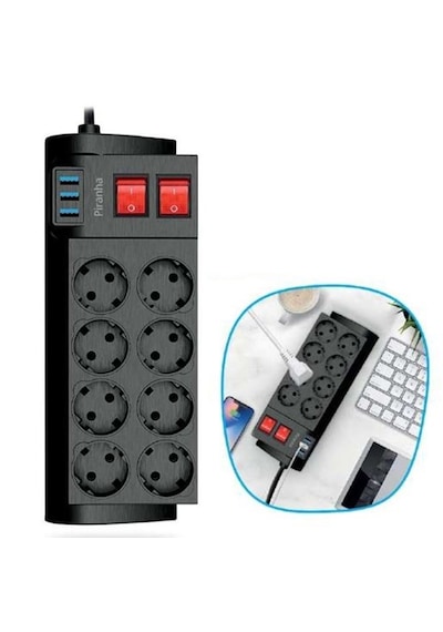 Lunaev Isıya Dayanıklı Termal Akım Korumalı 2 Metre 16a 4000 W 8li Priz Ve 3 Usb Li Uzatma Kablosu 0