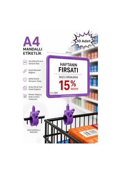 10 Adet - A4 Mandallı Fiyatlık Etiketlik Sepet Raf Askılık Fiyat Etiketi Çerçeveli Market Mağaza Mor