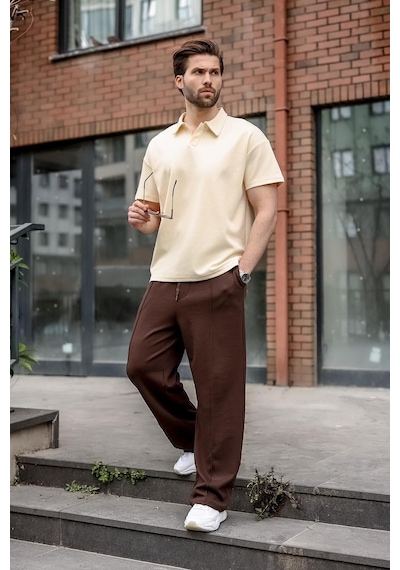 Madmext Bej Polo Yaka Oversize Erkek Tişört E7185