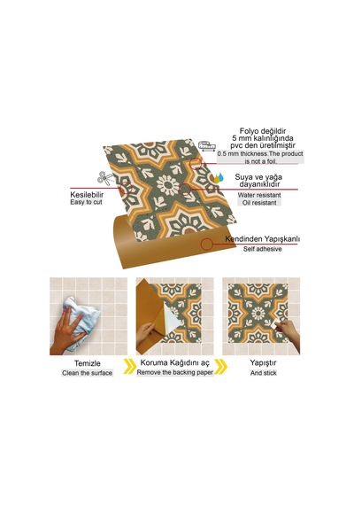 Tink Kendinden Yapışkanlı Fayans Kaplama Yeşil Metraj Desenli 30x30 Cm 11 Adet 1 M²