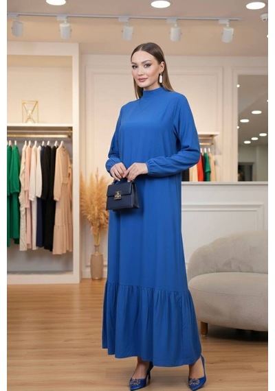 Polologin Butik İndigo Mavi Dik Yaka Büzgülü Kol Maxi Elbise - Eteği Volanlı Akışkan Tasarım Mavi Polologin Butik İndigo Mavi Dik Yaka Büzgülü Kol Maxi Elbise - Eteği Volanlı Akışkan Tasarım Mavi