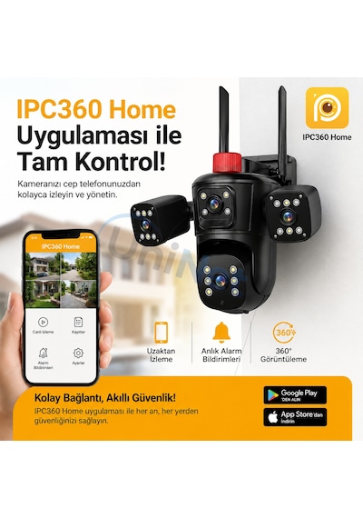 Uninet 9mp Wifi Ptz Kamera 3 Kameralı, 355 Derece Dönebilen Başlıklı, Renkli Gece Görüşü Ve Çift Yönlü Ses Özellikli