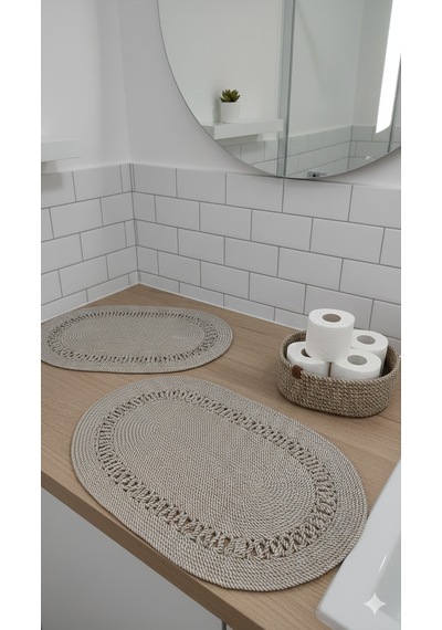 Üçlü Banyo Seti 2 Paspas- 1 Organizer Sepet Jüt İp Ekru - Hardal