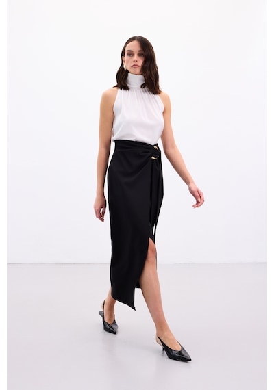 Sateen Aksesuar Kuşaklı Yırtmaçlı Etek - Siyah-136888 Siyah