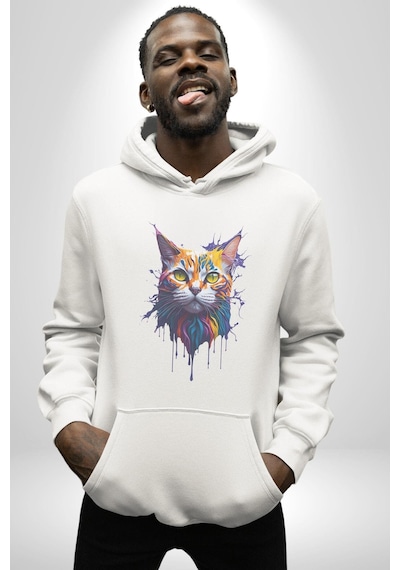 Şimşek Yağmur Kedi Kadın Erkek Beyaz Kapüşonlu Sweatshirt Hoodie Beyaz