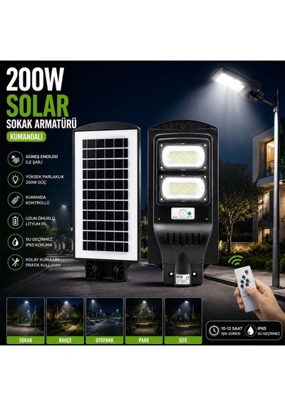 Jenerik 200w 6500k Sensörlü Güneş Enerjili Sokak Lambası