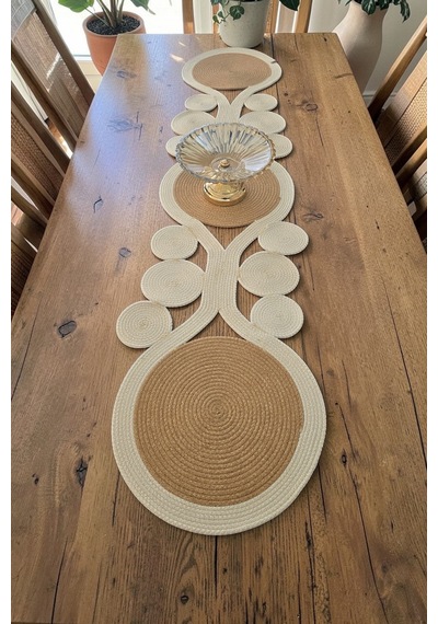 Jüt Hasır Doğal Boho Görünümlü Krem Bej 30x100 Cm Runner Amerikan Servis Masa Dekoru Krem-bej Krem-bej