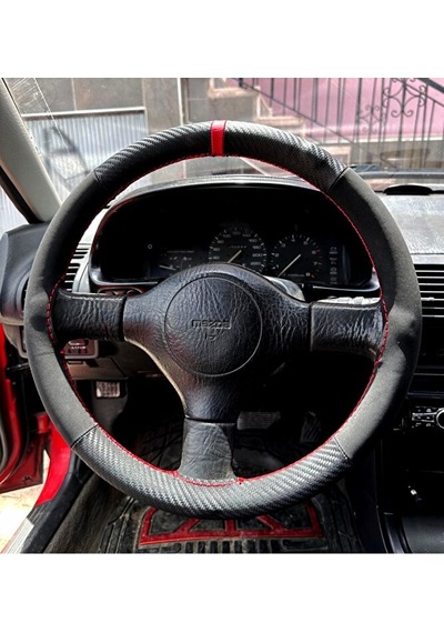 Dikişli Direksiyon Kılıfı Karbon Nubuk Deri Kırmızı Yüzük / Dikişli Mazda 323 İçin Renkli