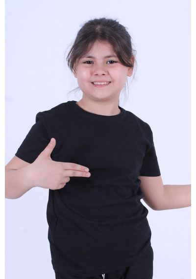 Fyk Kids Baskısız, Düz Bisiklet Yaka Kız Çocuk Tişört Siyah