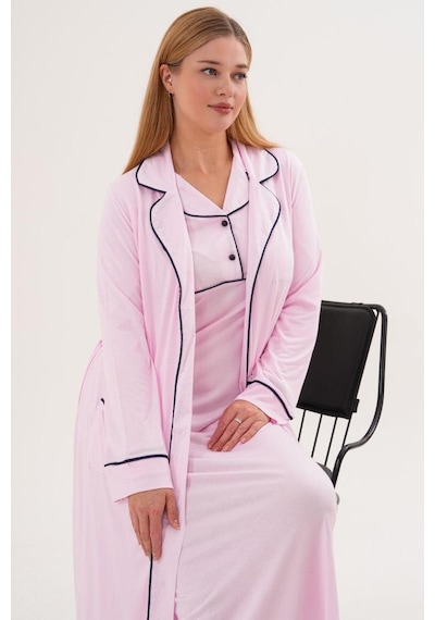 Mecit Pijama Mecit 6334 Pembe Kadın Sabahlıklı Gecelik Takımı Pembe
