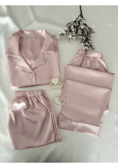 Mh Moony Homewears 3'lü Pudra Renk Saten Pijama Takımı PEMBE