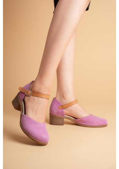 Analin Shoes Kadın Hakiki Deri Burnu Kapalı Bilekten Bağlı Sandalet Pembe Süet
