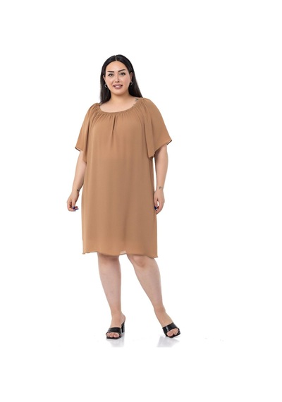 Disentis Büyük Beden Yakası Lastikli Geniş Kollu Astarlı Camel Elbise-camel Camel